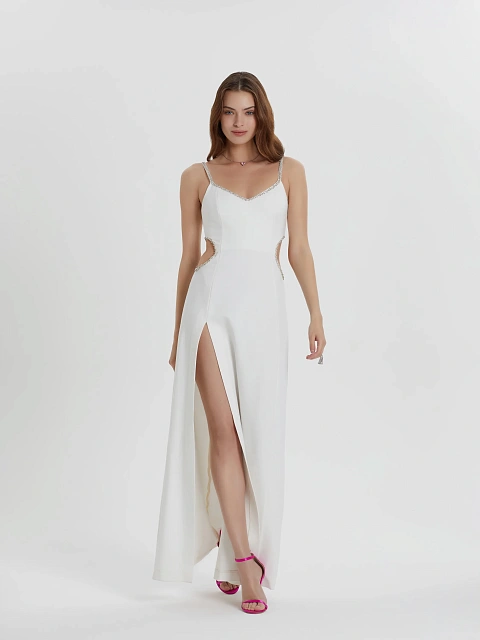 Crystals Embellished White Cut Out Maxi Dress, 5