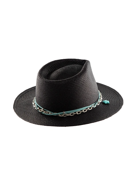 Black Straw Hat With Chain & Turquoise Star, 3
