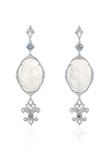 White Gold, Cameo, Diamonds & Spinel Earrings, 1