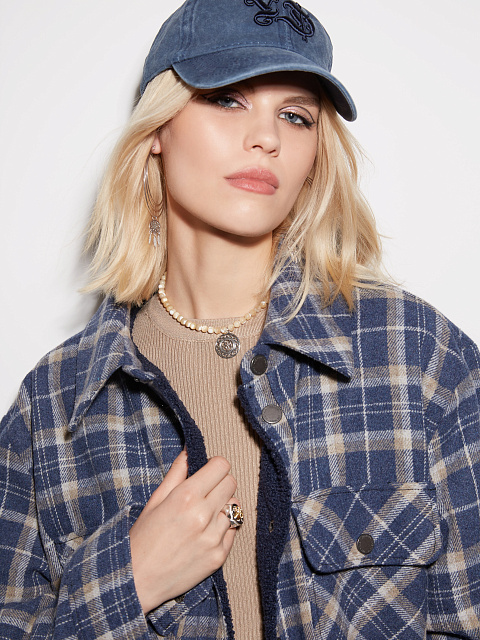 Navy Blue Checked Blue Faux Fur Lined Shirt, 6