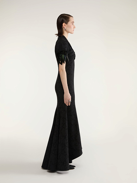 Black Jacquard Maxi Dress With Feathers, 4