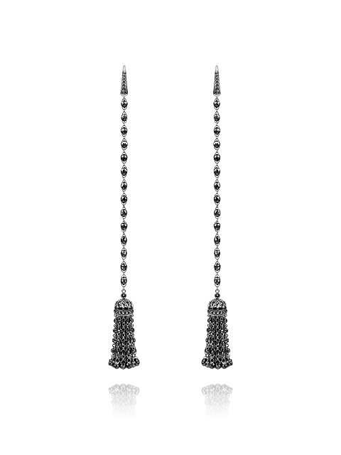 Tassel earrings in blackened gold with black diamonds, 1