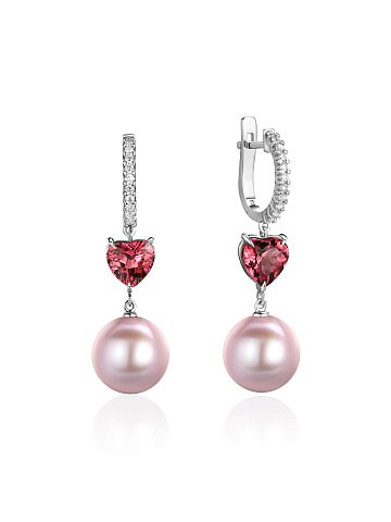 White gold earrings with heart-cut tourmaline and lavender pearls, 1