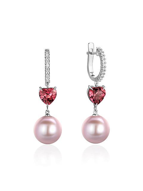 White gold earrings with heart-cut tourmaline and lavender pearls, 1