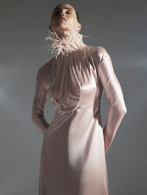 Powder Silk Maxi Dress With Feathers And Rhinestones, 2