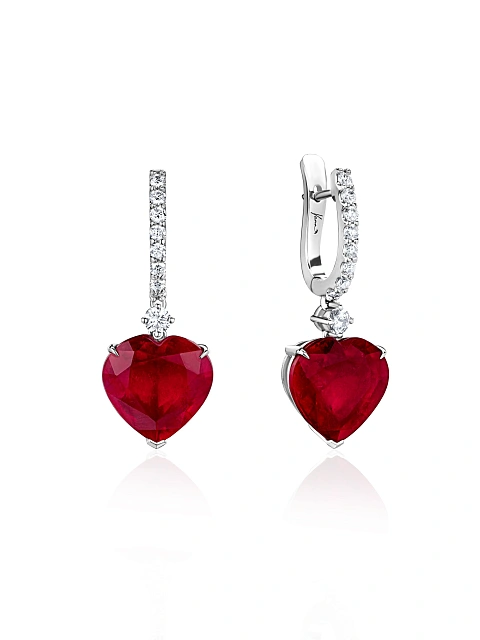 White Gold, Heart-cut Ruby & Diamonds Earrings, 1 White Gold, Heart-cut Ruby & Diamonds Earrings, 1