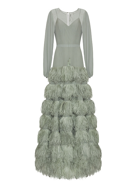 Light Grey Ostrich Feathers & Chiffon Maxi Dress, 1