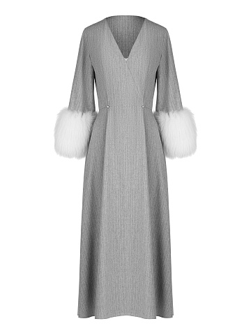 Grey Linen Fox Fur Midi Dress, 1
