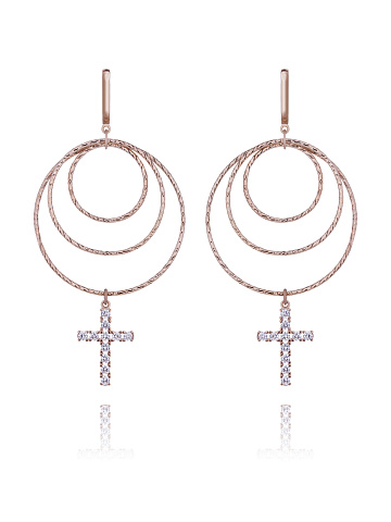 Hoop earrings with three rings in gold-plated silver with cubic zirconia      , 1