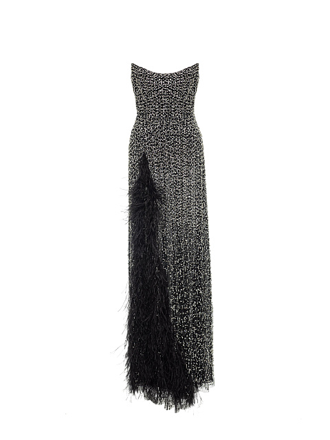 Black Mesh Maxi Dress With Feathers And Crystals, 3