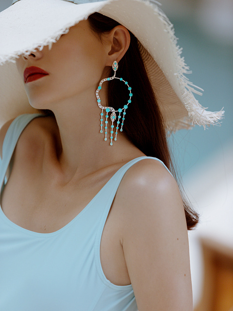 White Gold & Paraiba Tourmalines Snake Hoop Earrings, 3