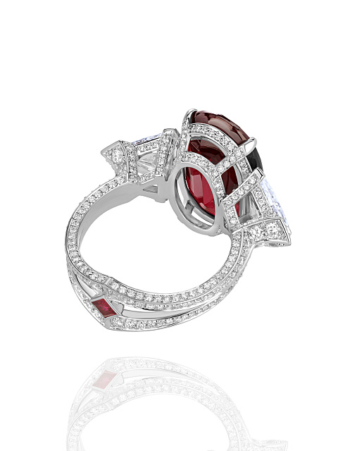 Oval Ruby Pigeon Blood, Triangular Diamond & White Gold Ring, 5
