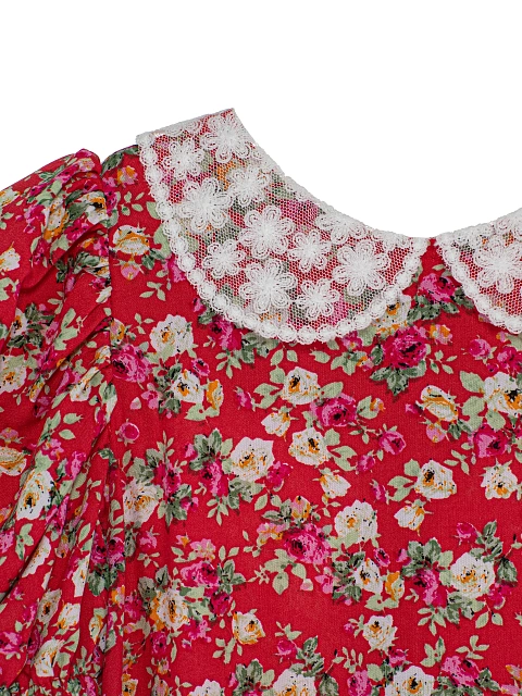 Girl's Red Floral Lace Trim Dress, 3 Girl's Red Floral Lace Trim Dress, 3