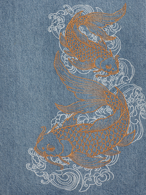 Wide light blue cotton jeans with fish embroidery, 4 Wide light blue cotton jeans with fish embroidery, 4