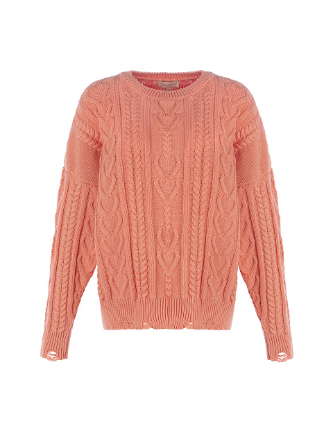 Coral Distressed Cable Knit Sweater, 1