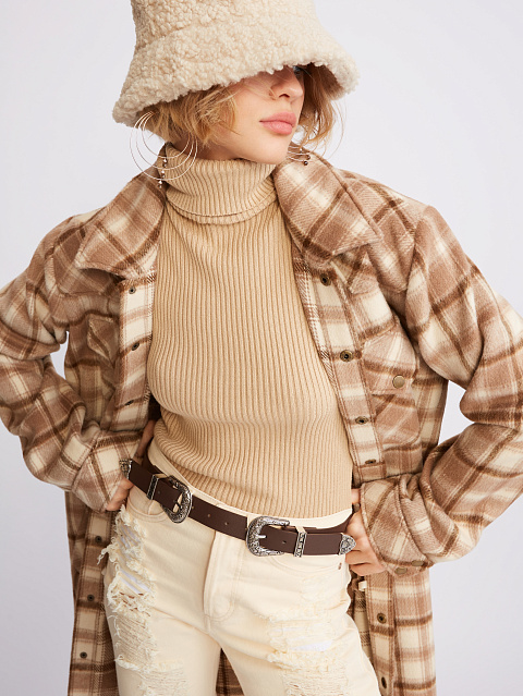 Light Brown Checked Wool Long Overshirt, 7