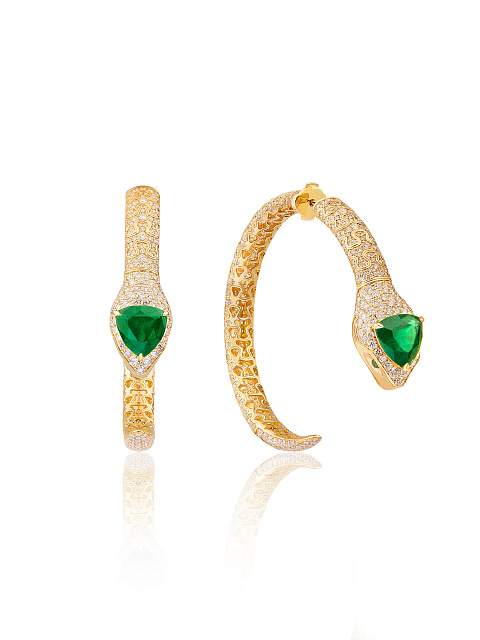 Trillion Emerald, Round Emerald, Round Diamond & Gold Hoop Earrings, 1