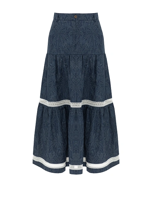 Blue Lace Trim Jacquard Midi Skirt, 1