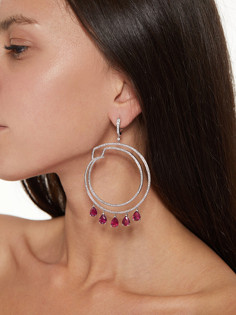 Pear Ruby, Round Diamond & White Gold Earrings, 5