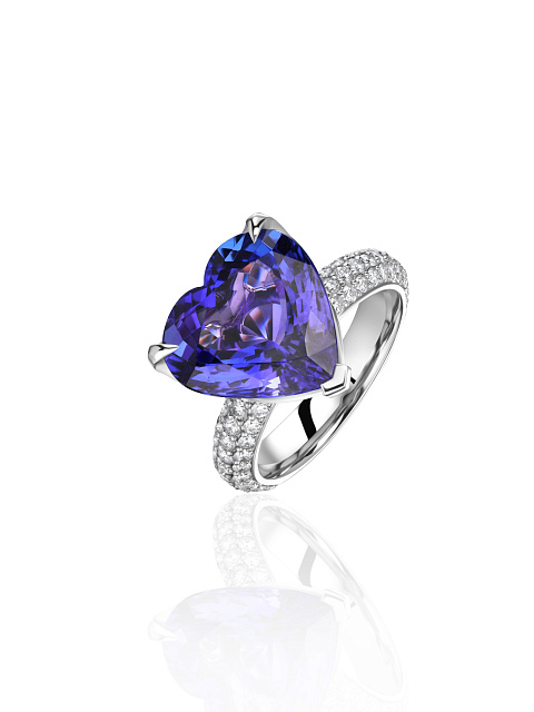 White gold ring with heart-cut tanzanite and diamonds, 1