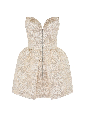 Beige & Gold Roses Brocade Mini Dress, 2