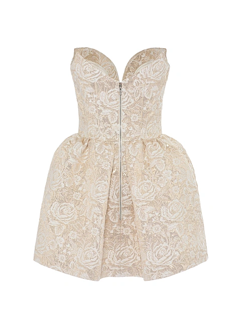 Beige & Gold Roses Brocade Mini Dress, 2