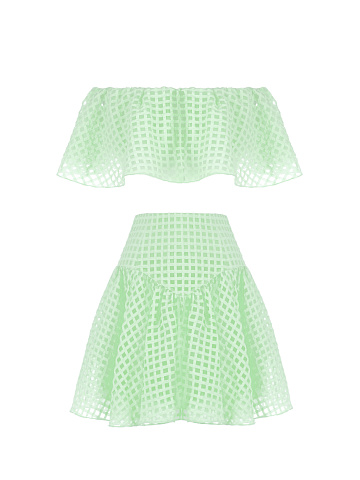 Lime Green Checked Chiffon Top & Mini Skirt, 1