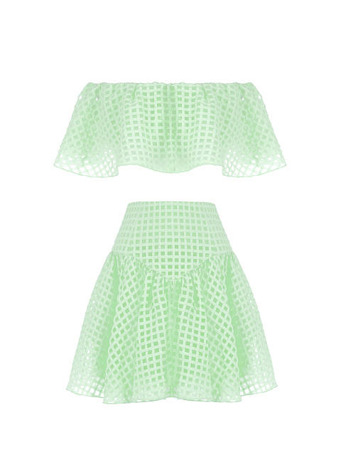 Lime Green Checked Chiffon Top & Mini Skirt, 1
