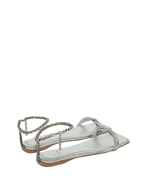 Silver Rhinestones Leather Sandals, 3