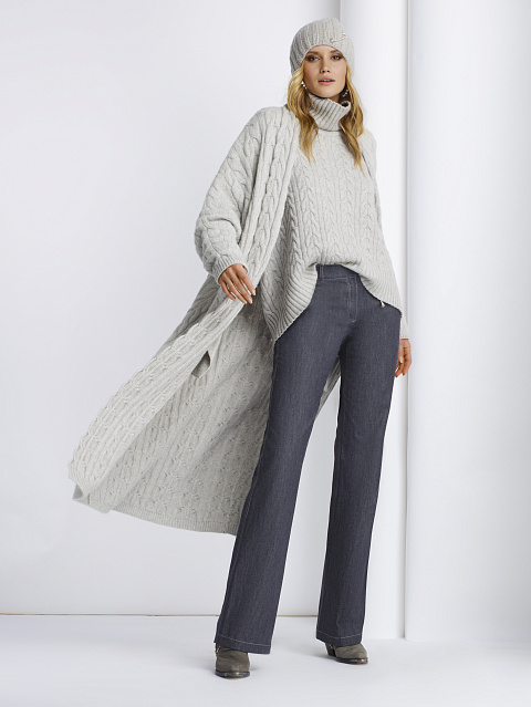 Light Grey Cashmere Cable Knit Long Cardigan, 1