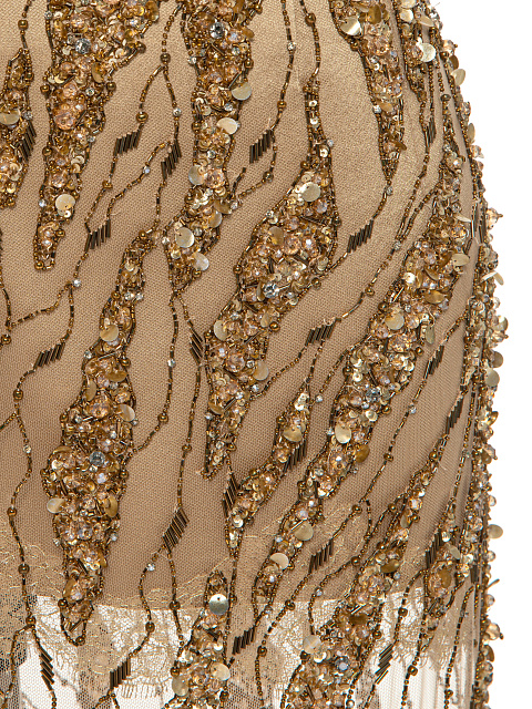 Gold Asymmetric Embroidered Mesh Maxi Dress, 4