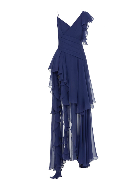 Dark Blue Chiffon Dress With Asymmetrical Flounces, 1 Dark Blue Chiffon Dress With Asymmetrical Flounces, 1