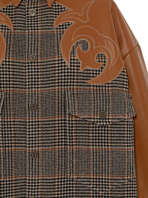 Brown Leather Trim Houndstooth Wool Shirt, 3