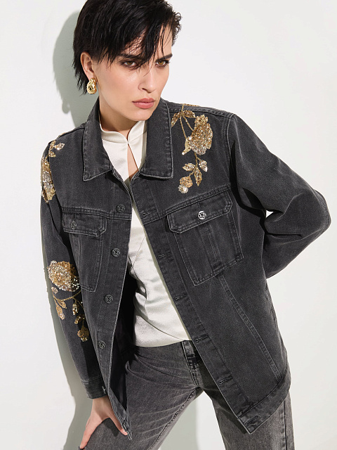 Black Denim Jacket with Floral Embroidery, 2