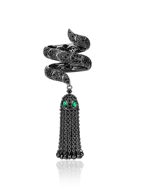 Hand ring in blackened gold with black diamonds and emeralds, 1