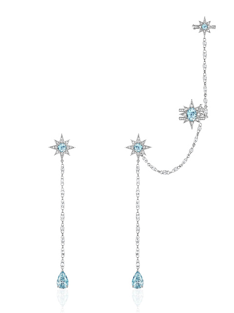 Long white gold earrings with ear cuff and aquamarines, 2
