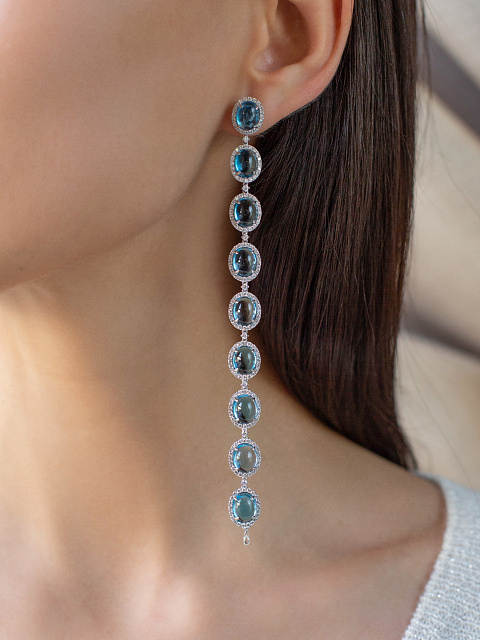Long white gold earrings with topazes and diamonds, 2