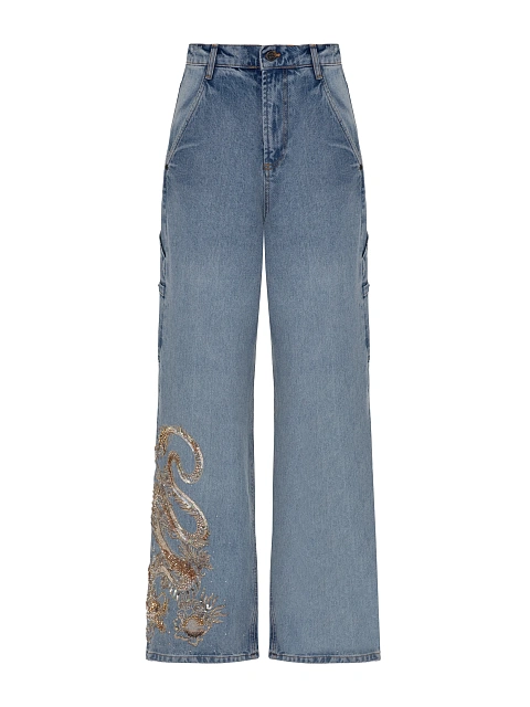 Light Blue Embroidered Wide Leg Jeans, 1