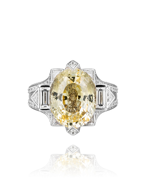 Yellow Sapphire, Baguette Diamond & White Gold Ring, 3
