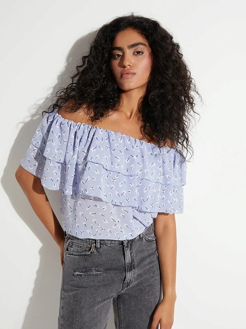 Blue Chiffon Off Shoulder Top, 4