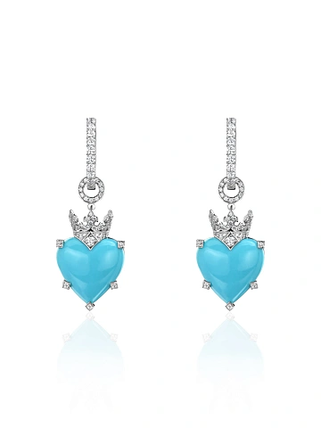 White Gold, Turquoise & Diamonds Heart Earrings, 1