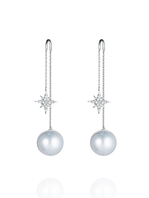 Round Diamond & White South Sea Pearl & White Gold Earrings, 1