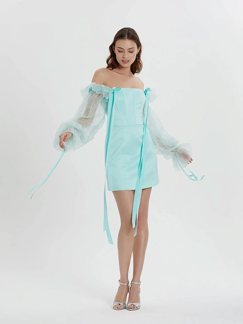 Turquoise Satin & Organza Mini Dress, 5