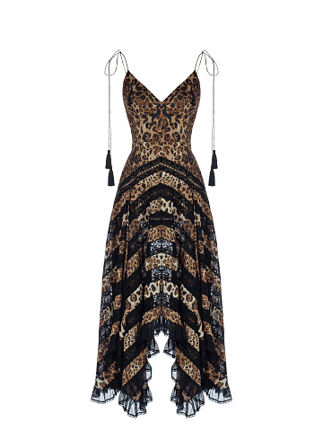 Leopard Lace Trim Silk Midi Dress, 1