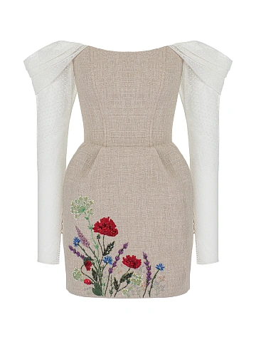 White Embroidered Linen Mini Dress With Lace Sleeves, 1