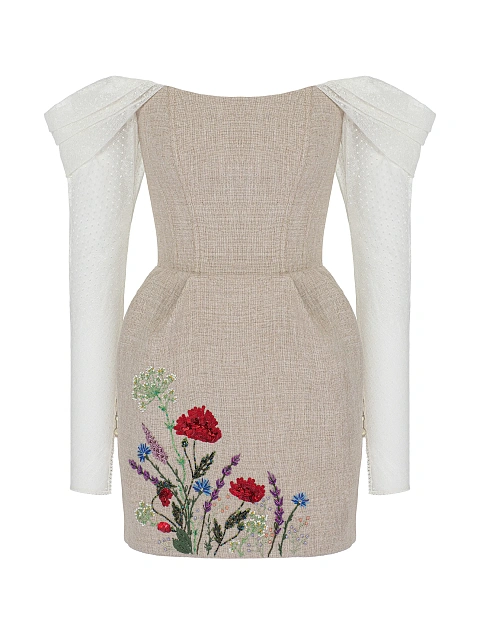 White Embroidered Linen Mini Dress With Lace Sleeves, 1