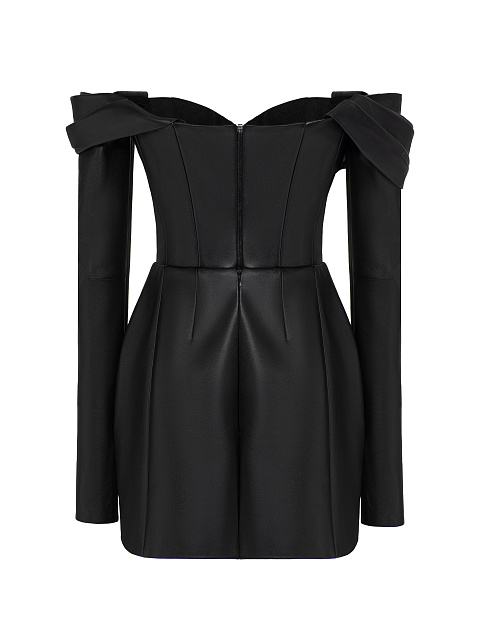 Black Leather Off Shoulder Mini Dress, 2