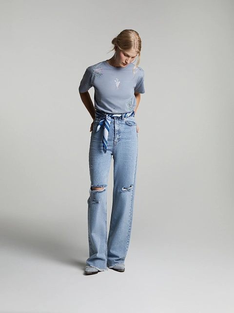 Blue Fringed Cotton Jeans, 7