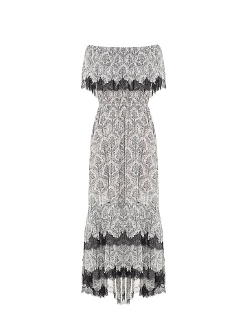 Gray & Black Printed Chiffon Dress With Lace, 1