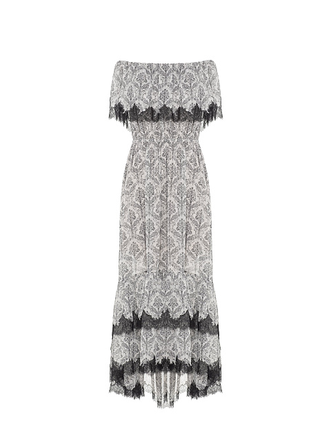 Gray & Black Printed Chiffon Dress With Lace, 1